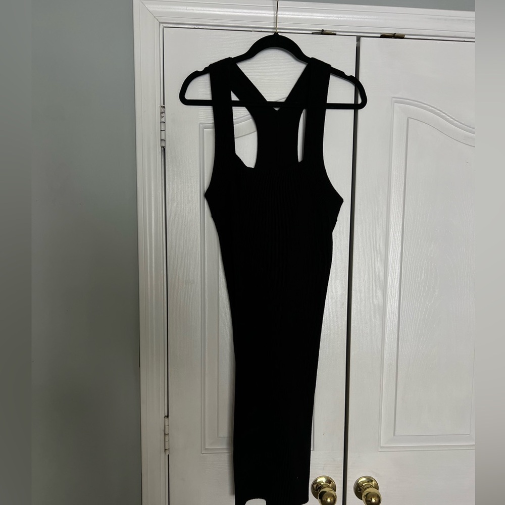 525 Womens Large Dress Black Ribbed Knit Tank Thick Straps Pencil Pullover